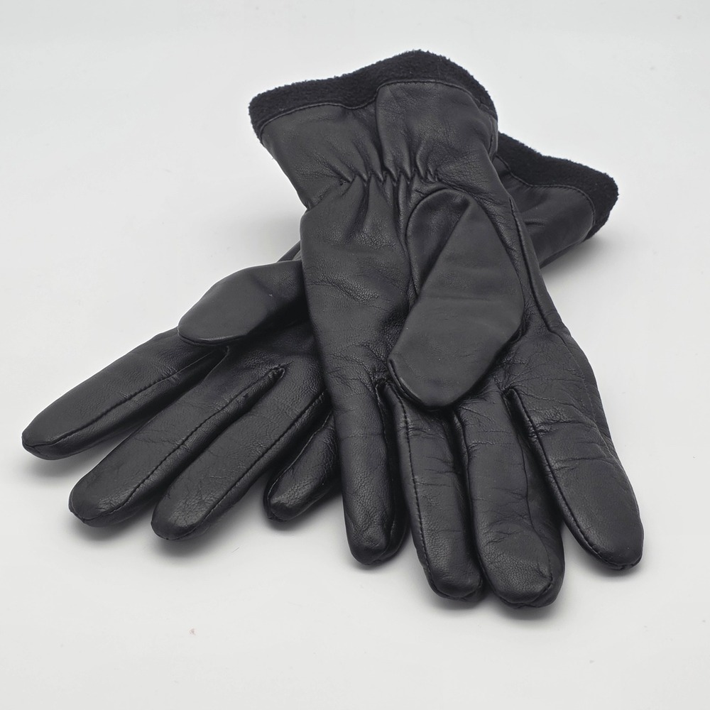 Eddie Bauer Leather Gloves Mens M Black Fleece Lined Elastic Wrist Winter Warm